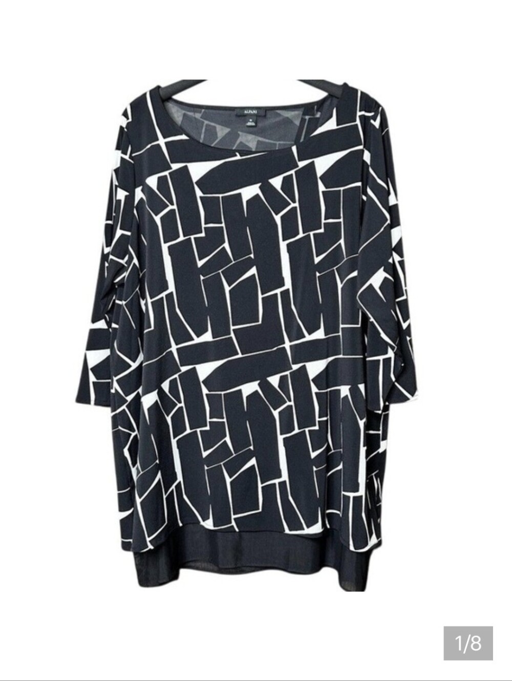 Geometric Sheer Layered Blouse Womens 2X Tunic Top Asymmetrical Black 3/4 Sleeve